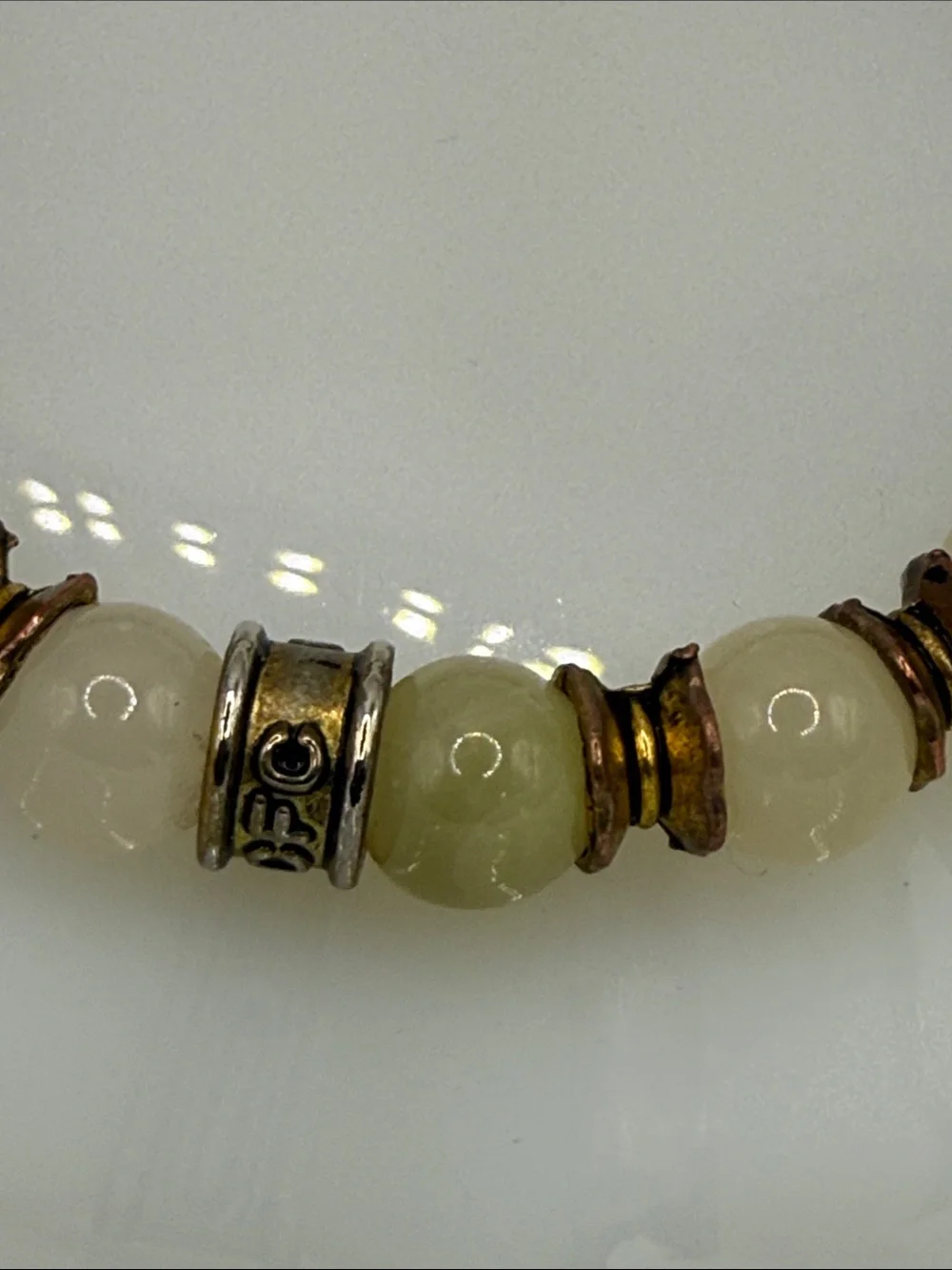 CFC signed Green and Cream Beaded Stretch gemstone bracelet neutral green beige